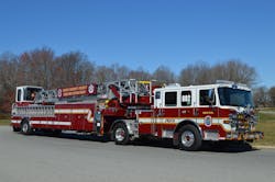 Prince George&rsquo;s County, MD, Fire/EMS Department (PGFD) Truck 802 is a 2023 Pierce Enforcer 107-ft. tractor-drawn aerial ladder that has rear and side-body trailer ground ladder banking. Note the location of scene lighting on the tractor and trailer at different points.