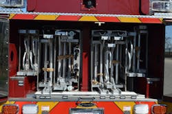 PGFD&rsquo;s Truck 802 is equipped with 377 feet of ground ladders, with a 45-ft. Bangor and three 35-ft. and one 24-ft. extension ladders individually banked. The New York roof hooks are mounted so as to not block any ladder within the ladder bay.