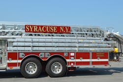 The Syracuse, NY, Fire Department operates several Sutphen SP-95 towers in its truck company fleet. Each side of the stainless steel body is outfitted with 30- and 35-ft., two-section extension ladders and 16- and 20-ft. roof ladders.