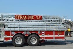The Syracuse, NY, Fire Department operates several Sutphen SP-95 towers in its truck company fleet. Each side of the stainless steel body is outfitted with 30- and 35-ft., two-section extension ladders and 16- and 20-ft. roof ladders. The Syracuse, NY, Fire Department operates several Sutphen SP-95 towers in its truck company fleet. Each side of the stainless steel body is outfitted with 30- and 35-ft., two-section extension ladders and 16- and 20-ft. roof ladders.