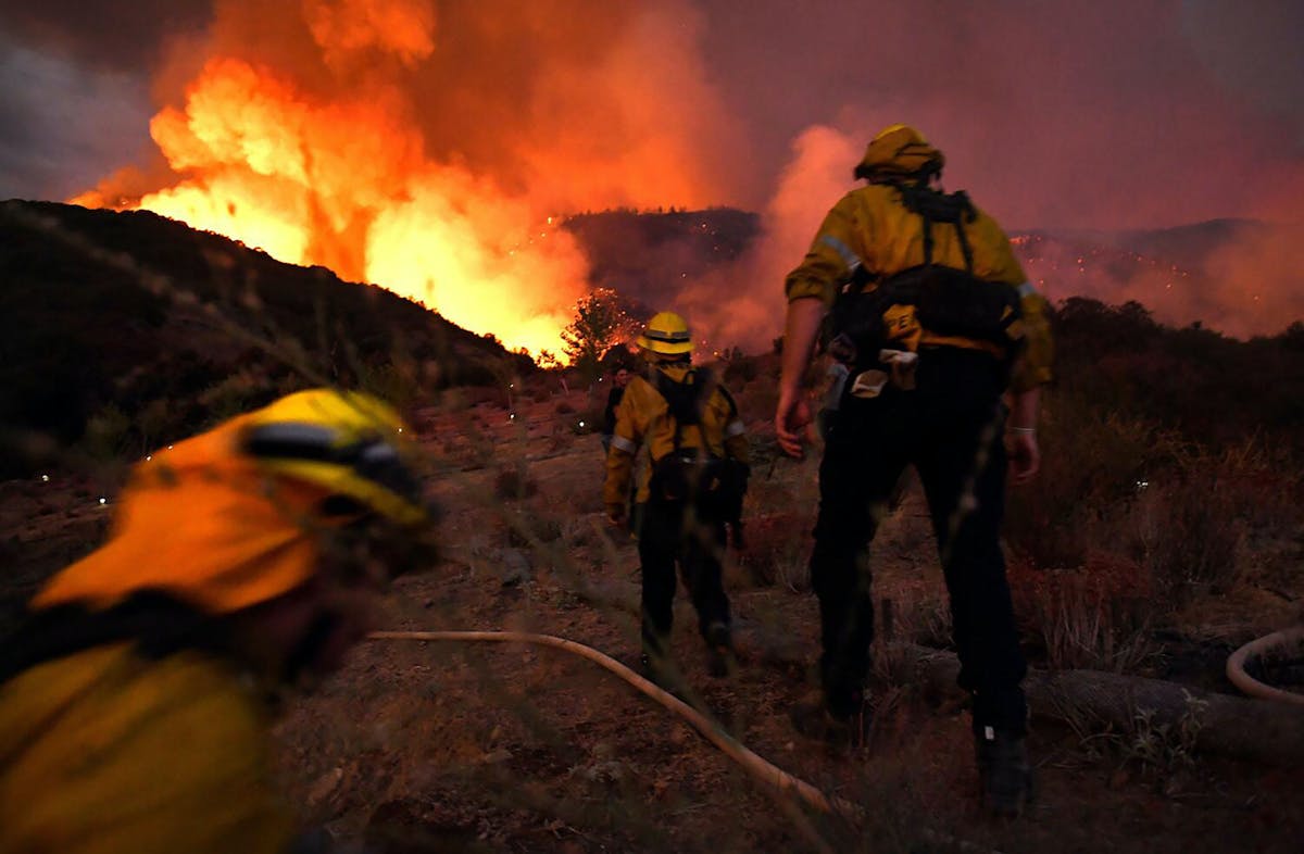 Wildland firefighters work to contain the 2020 fire.