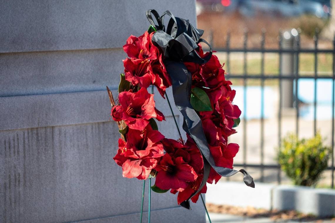 A wreath was laid in front of the monument in Firefighter Brenda Cowan&rsquo;s honor.