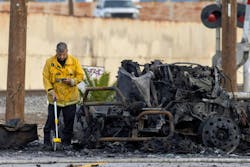 A Los Angeles Fire Department investigator works at the the scene of a truck explosion that injured nine firefighters, two critically injured Thursday. All but one of the firefighters has been released from the hospital. A Los Angeles Fire Department investigator works at the the scene of a truck explosion that injured nine firefighters, two critically injured Thursday. All but one of the firefighters has been released from the hospital.
