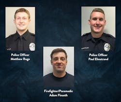 Burnsville firefighter/paramedic Adam Finseth (bottom) and police officers Matthew Ruge (top left) and Paul Elmstrand were shot responding to a domestic abuse call Sunday morning.