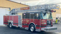 The Euclid Fire Department worked with Sutphen to build this 75-foot rear-mount aerial on the SLR 75 chassis with a pump and tank.