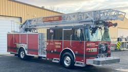 The Euclid Fire Department worked with Sutphen to build this 75-foot rear-mount aerial on the SLR 75 chassis with a pump and tank.