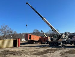 JWF Industries workers are reinstalling the three-story six-pod structure. JWF Industries workers are reinstalling the three-story six-pod structure.