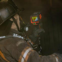 When red on a thermal imaging camera begins to overtake the image on the device, firefighters should look to separate themselves from the environment. When red on a thermal imaging camera begins to overtake the image on the device, firefighters should look to separate themselves from the environment.