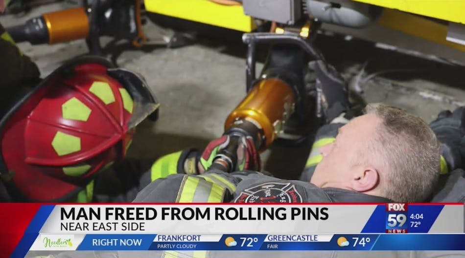 Firefighters rescue man after leg trapped in rolling machine