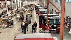 Heavy-duty cabs are in multiple stages of production, from painting and wiring to adding components before they are placed onto the chassis. Heavy-duty cabs are in multiple stages of production, from painting and wiring to adding components before they are placed onto the chassis.