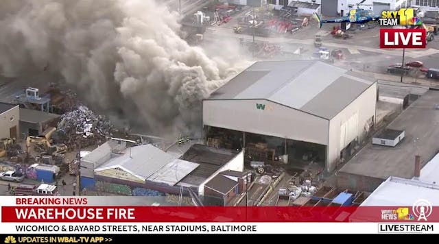 LIVE: SkyTeam 11 is over a warehouse fire in Baltimore, near the stadiums - wbaltv