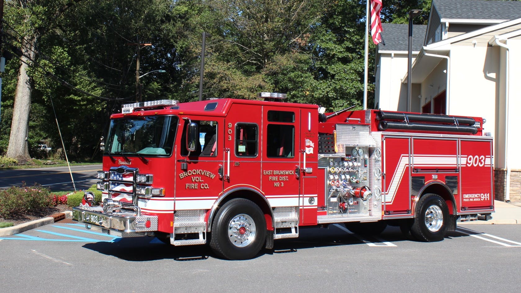 The pumper for Brookview Volunteer Fire Company is built on Pierce's Enforcer chassis and has a 2,000-gpm pump and 750-gallon water tank.