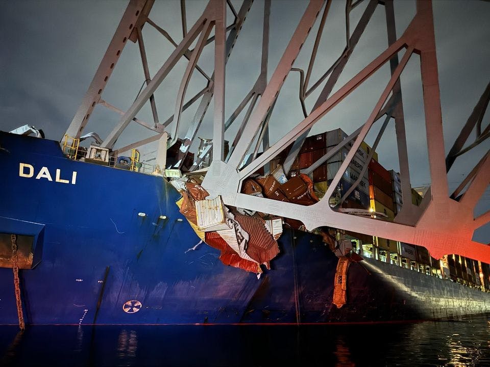 Sections of the Francis Scott Key Bridge collapsed onto the ship.