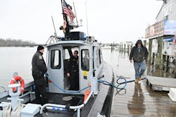 Members of the Maryland Transportation Authority Police fuel their boat at Anchor Bay East Marina in Dundalk on March 27, 2024. Members of the Maryland Transportation Authority Police fuel their boat at Anchor Bay East Marina in Dundalk on March 27, 2024.