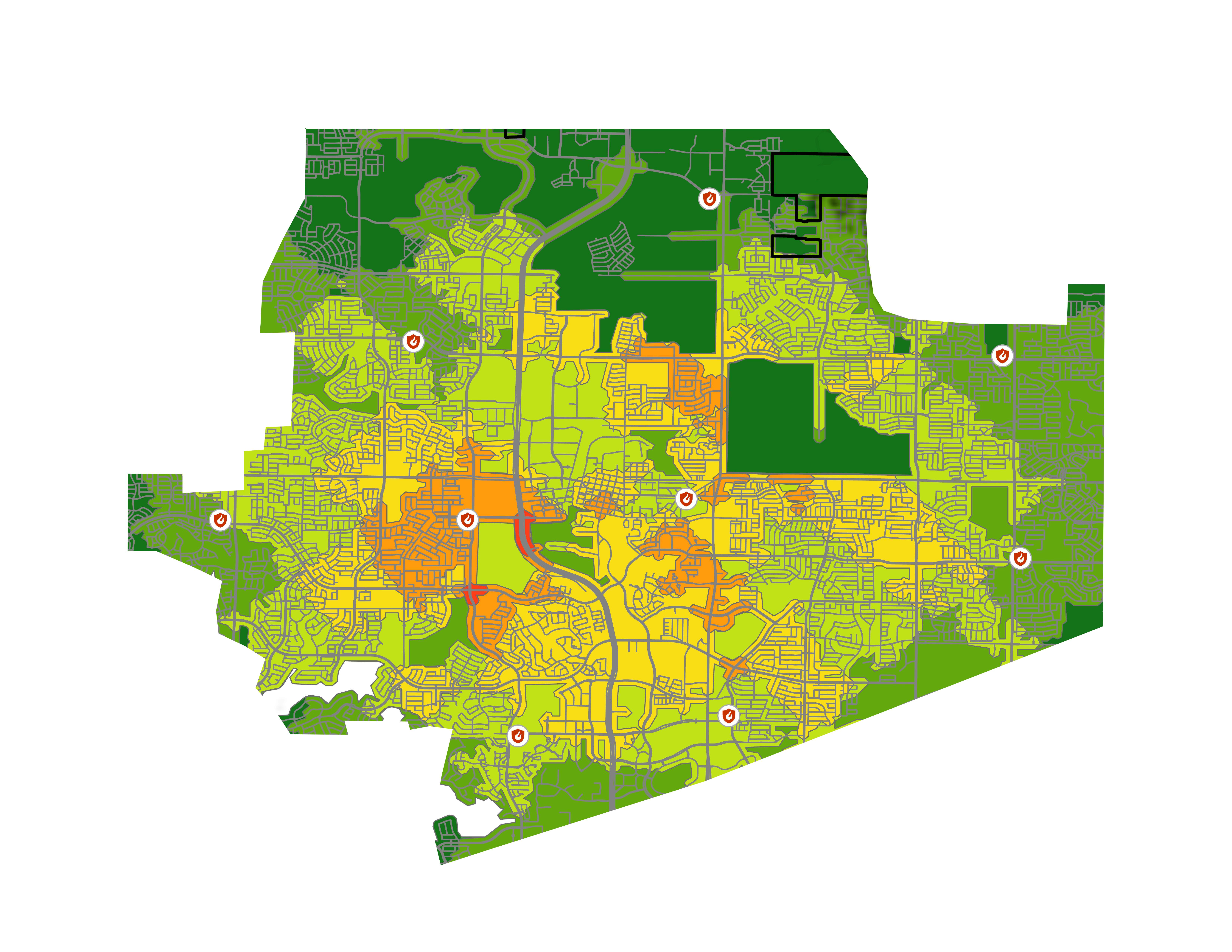 This map, which was outputted by a geographic information system (GIS), shows station overlap (colored areas) at eight minutes of travel time.