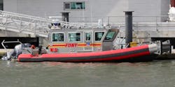 A photograph of FDNY&apos;s Marine 1 Bravo boat, provided by U.S. Coast Guard. The boat was involved in a June 2022 crash that left a Belgian firefighter, Johnny Beernaert, dead.