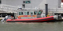 A photograph of FDNY's Marine 1 Bravo boat, provided by U.S. Coast Guard. The boat was involved in a June 2022 crash that left a Belgian firefighter, Johnny Beernaert, dead. A photograph of FDNY's Marine 1 Bravo boat, provided by U.S. Coast Guard. The boat was involved in a June 2022 crash that left a Belgian firefighter, Johnny Beernaert, dead.