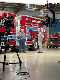 Jay Leno interviews REV Specialty Vehicles President Mike Virnig about Vector&trade;, the all-electric North American-style fire truck.