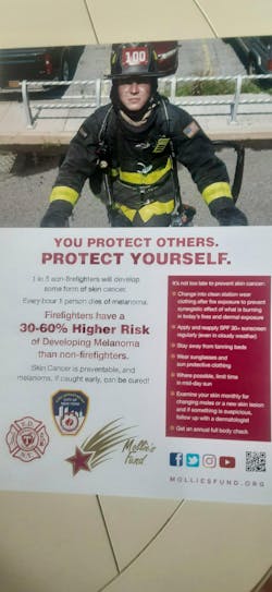 Learn how your firefighter training program can benefit from this free melanoma/skin cancer prevention initiative that was developed by Mollie’s Fund. Learn how your firefighter training program can benefit from this free melanoma/skin cancer prevention initiative that was developed by Mollie’s Fund.