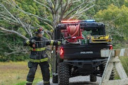 Polaris firefighting UTVs incorporate a professional system that is familiar, and fire skid packages incorporate a capable pump, hose and reel, tanks for water and foam and the ability to draft from an external water source.