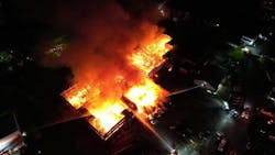 Firefighters battled a six-alarm fire early Saturday morning. Firefighters battled a six-alarm fire early Saturday morning.
