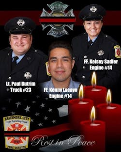 Lt. Paul Butrim, Lt. Kelsey Sadler and EMT/firefighter Kenny Lacayo were killed in the 2022 row house fire. Lt. Paul Butrim, Lt. Kelsey Sadler and EMT/firefighter Kenny Lacayo were killed in the 2022 row house fire.