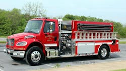 Midwest Fire built this pumper/tanker on a Freightliner chassis for the Slanesville Volunteer Fire Department. The rig is built on a Freightliner chassis with a two-door cab, powered by a Detroit Diesel engine and Allison EVS transmission.