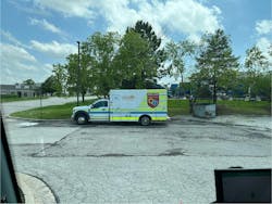The photograph on the left was taken from the engineer's sitting position. Cones that are positioned one feet and seven feet from the front bumper aren't visible. The cones are visible in the spotter mirror (right). The photograph on the left was taken from the engineer's sitting position. Cones that are positioned one feet and seven feet from the front bumper aren't visible. The cones are visible in the spotter mirror (right).