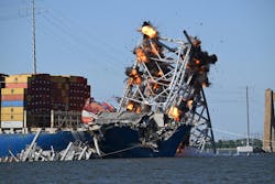 Explosives detonate on a large section of the Francis Scott Key Bridge. Explosives detonate on a large section of the Francis Scott Key Bridge.