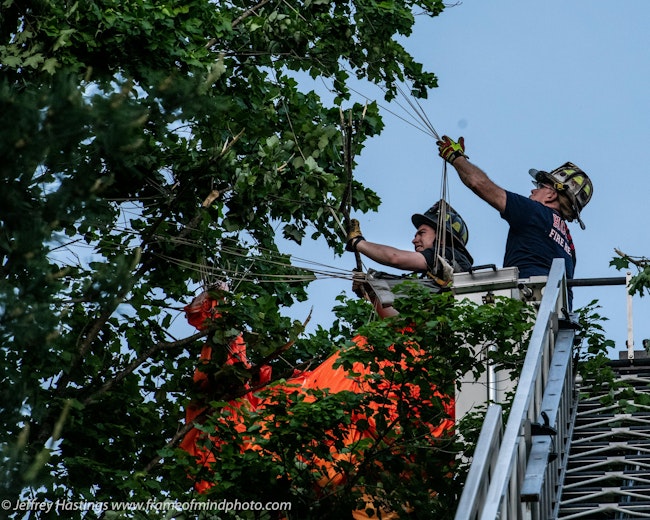 Two firefighters work to rescue a skydiver hanging in a tree.