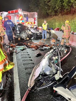 By positioning at a 45-degree angle to block for crews who operated on scene of an adult male who was having a diabetic emergency on the right shoulder of Interstate 95, Baltimore County, MD, Fire Department Engine 481 save those members from injury or worse when a passenger car that was traveling on the interstate struck BCoFD Squad 483, which was in blocking position behind E481. By positioning at a 45-degree angle to block for crews who operated on scene of an adult male who was having a diabetic emergency on the right shoulder of Interstate 95, Baltimore County, MD, Fire Department Engine 481 save those members from injury or worse when a passenger car that was traveling on the interstate struck BCoFD Squad 483, which was in blocking position behind E481.