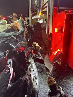 The force of the impact of the passenger car caused the vehicle to embed itself into the rear of E481. Because members in the engine and S483 followed orders to stay in the cab of their apparatus and remain belted, they only sustained minor injuries. The force of the impact of the passenger car caused the vehicle to embed itself into the rear of E481. Because members in the engine and S483 followed orders to stay in the cab of their apparatus and remain belted, they only sustained minor injuries.