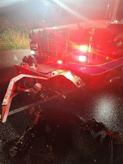 The passenger car that struck S483 hit the unit’s apparatus’ door and front bumper. The passenger car that struck S483 hit the unit’s apparatus’ door and front bumper.