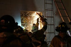 Cutting the metal tabs that are either built into the brick around a window or that are attached to the brick is the fastest, least strenuous of the three methods for attacking those tabs. Beating away the corner of the brick where a tab is set into mortar and getting behind the carriage bolt that attaches a tab to the brick require more work on the firefighter’s part but aren’t too time consuming. Cutting the metal tabs that are either built into the brick around a window or that are attached to the brick is the fastest, least strenuous of the three methods for attacking those tabs. Beating away the corner of the brick where a tab is set into mortar and getting behind the carriage bolt that attaches a tab to the brick require more work on the firefighter’s part but aren’t too time consuming.