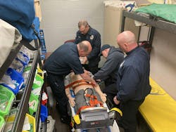 Placing shelving and seating in a firehouse storage area can create the ambiance of a transport ambulance, for training in loading a patient and continuance of care to the receiving facility. Placing shelving and seating in a firehouse storage area can create the ambiance of a transport ambulance, for training in loading a patient and continuance of care to the receiving facility.