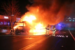 Crews of the Springfield Fire Company were dispatched for a vehicle fire. On arrival, Chief 44 found a semitrailer well involved and its fuel tanks dumping onto and running down the pike. Crews of the Springfield Fire Company were dispatched for a vehicle fire. On arrival, Chief 44 found a semitrailer well involved and its fuel tanks dumping onto and running down the pike.