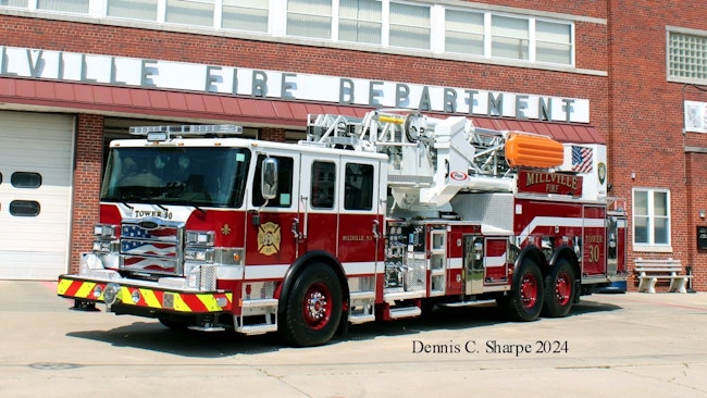 Pierce built this aerial platform for the Millville Fire Department with a 2,000-gpm Waterous pump and a 300-gallon water tank.
