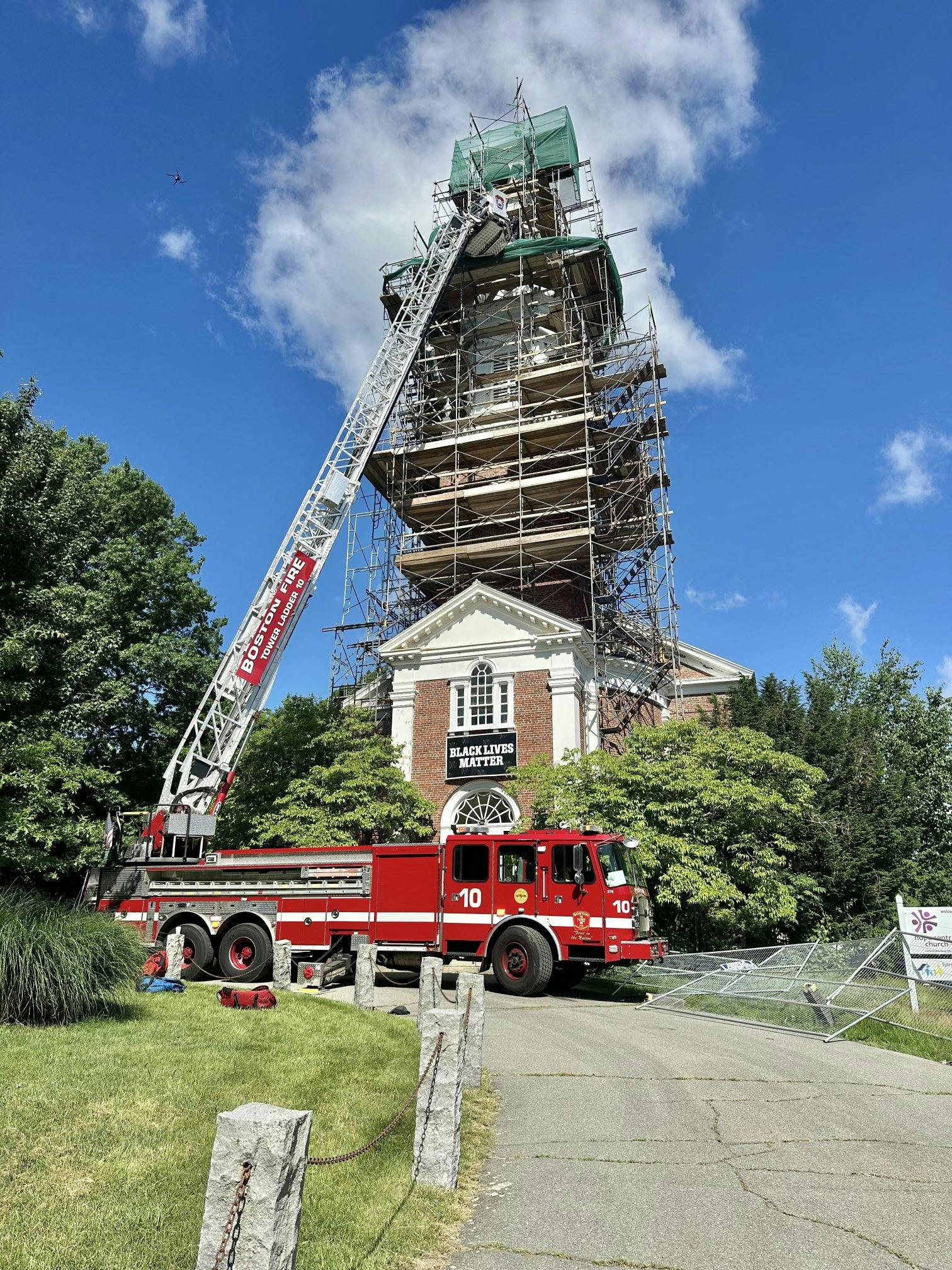 Boston fire officials said the worker fell about 20 feet from the steeple and they used an aerial to bring him 50 down to an ambulance.