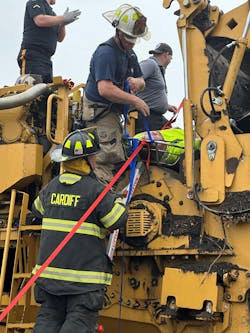 Before the rescue could be completed, a freewheeling roller that was used for the mulching operation needed to be secured. Before the rescue could be completed, a freewheeling roller that was used for the mulching operation needed to be secured.