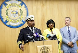 Newly named Philadelphia Fire Commissioner Jeffrey W. Thompson, left, with Mayor Cherelle L. Parker with Managing Director Adam Thiel. Newly named Philadelphia Fire Commissioner Jeffrey W. Thompson, left, with Mayor Cherelle L. Parker with Managing Director Adam Thiel.