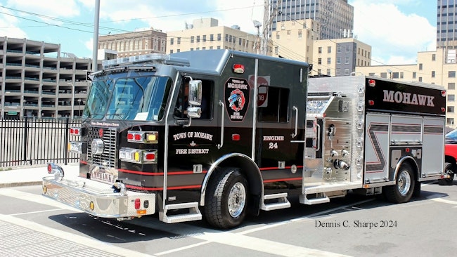 Sutphen built this Monarch pumper for the Town of Mohawk Fire Department with a 1,000-gallon tank and rooftop storage.