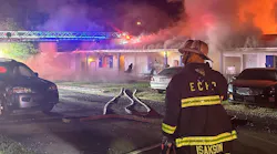 Among the challenges of a fire in a motel that was of a contiguous design that was converted to apartments was its width, which was larger than that of the average multifamily building and contributed to issues of accessing the rear of the building. The aerial ladder provided additional safety for roof operations (even on a one-story building) as well as a high point for a potential rescue.