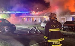 Among the challenges of a fire in a motel that was of a contiguous design that was converted to apartments was its width, which was larger than that of the average multifamily building and contributed to issues of accessing the rear of the building. The aerial ladder provided additional safety for roof operations (even on a one-story building) as well as a high point for a potential rescue. Among the challenges of a fire in a motel that was of a contiguous design that was converted to apartments was its width, which was larger than that of the average multifamily building and contributed to issues of accessing the rear of the building. The aerial ladder provided additional safety for roof operations (even on a one-story building) as well as a high point for a potential rescue.