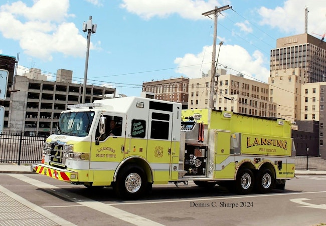 The Lansing Fire Department worked with Pierce to build this Velocity pumper/tanker with top-mount pump controls.