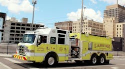 The Lansing Fire Department worked with Pierce to build this Velocity pumper/tanker with top-mount pump controls. The Lansing Fire Department worked with Pierce to build this Velocity pumper/tanker with top-mount pump controls.