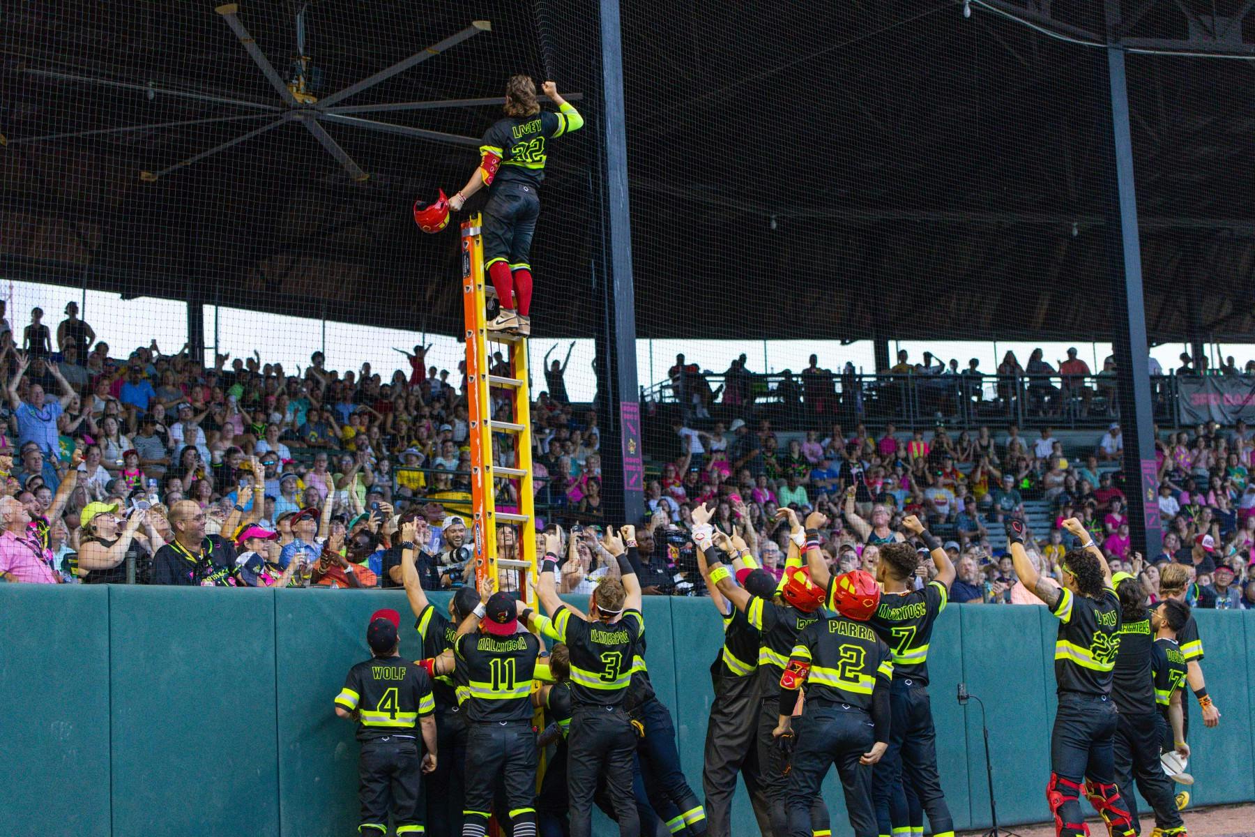 The Firefighters incorporating a ladder into some of their celebrations and gimmicks.