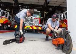Hampden Township volunteer firefighters Dalton Forsyth (left) and Justin Taylor test saws. Hampden Township volunteer firefighters Dalton Forsyth (left) and Justin Taylor test saws.