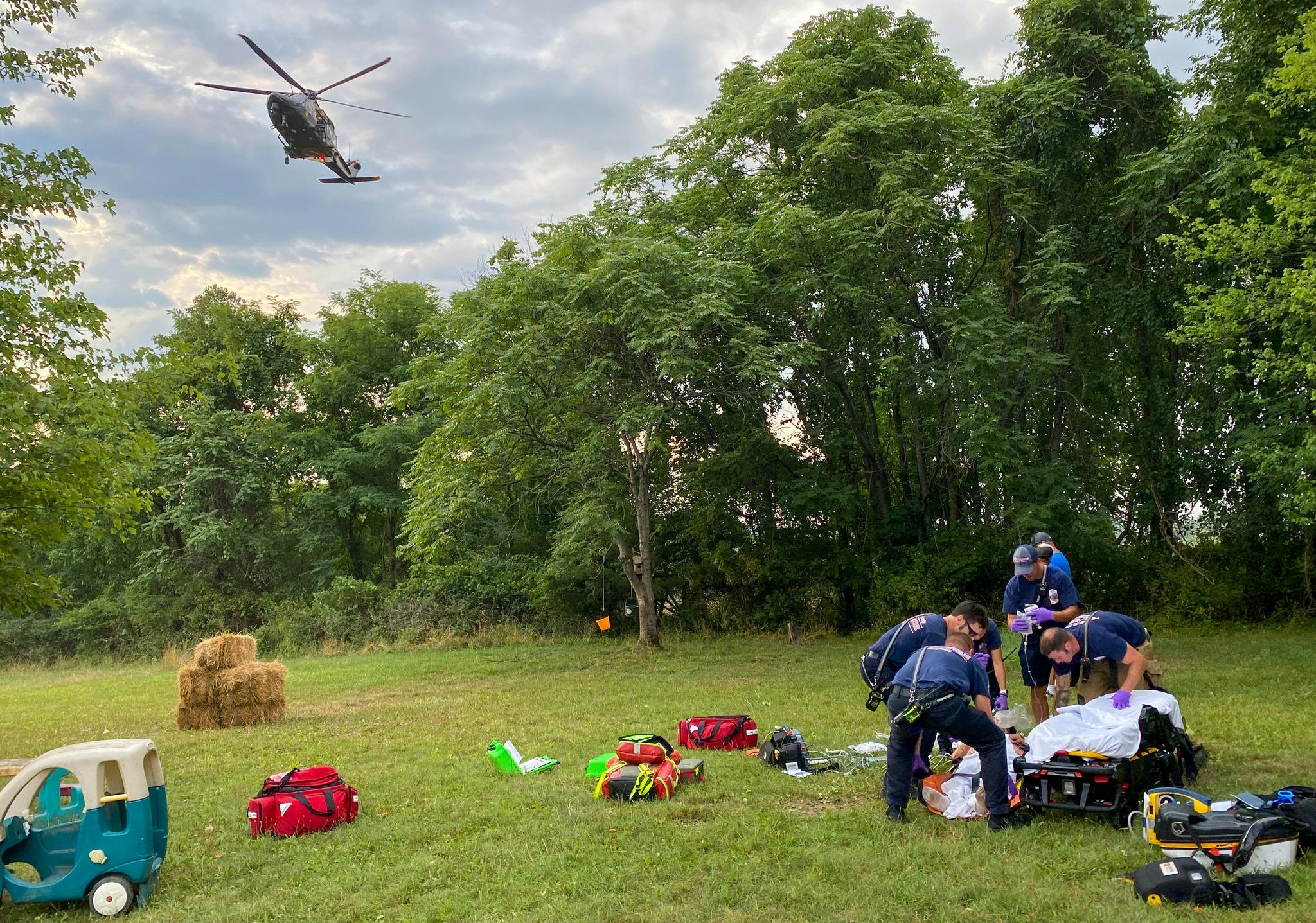 The Maryland State Police helicopter approaches the scene on Bartonsville Road.