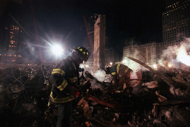 Firefighters from Staten Island's Rescue 5 search for victims in December 2001.