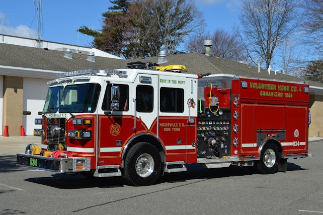 Engine 934 is one of three 2023 Sutphen Monarch engines that were acquired by the Hicksville Fire Department (HFD) in Nassau County, NY. Each is outfitted with a 2,000-gpm pump, a 500-gallon water tank, a stainless-steel bodywork and five preconnected attack lines.